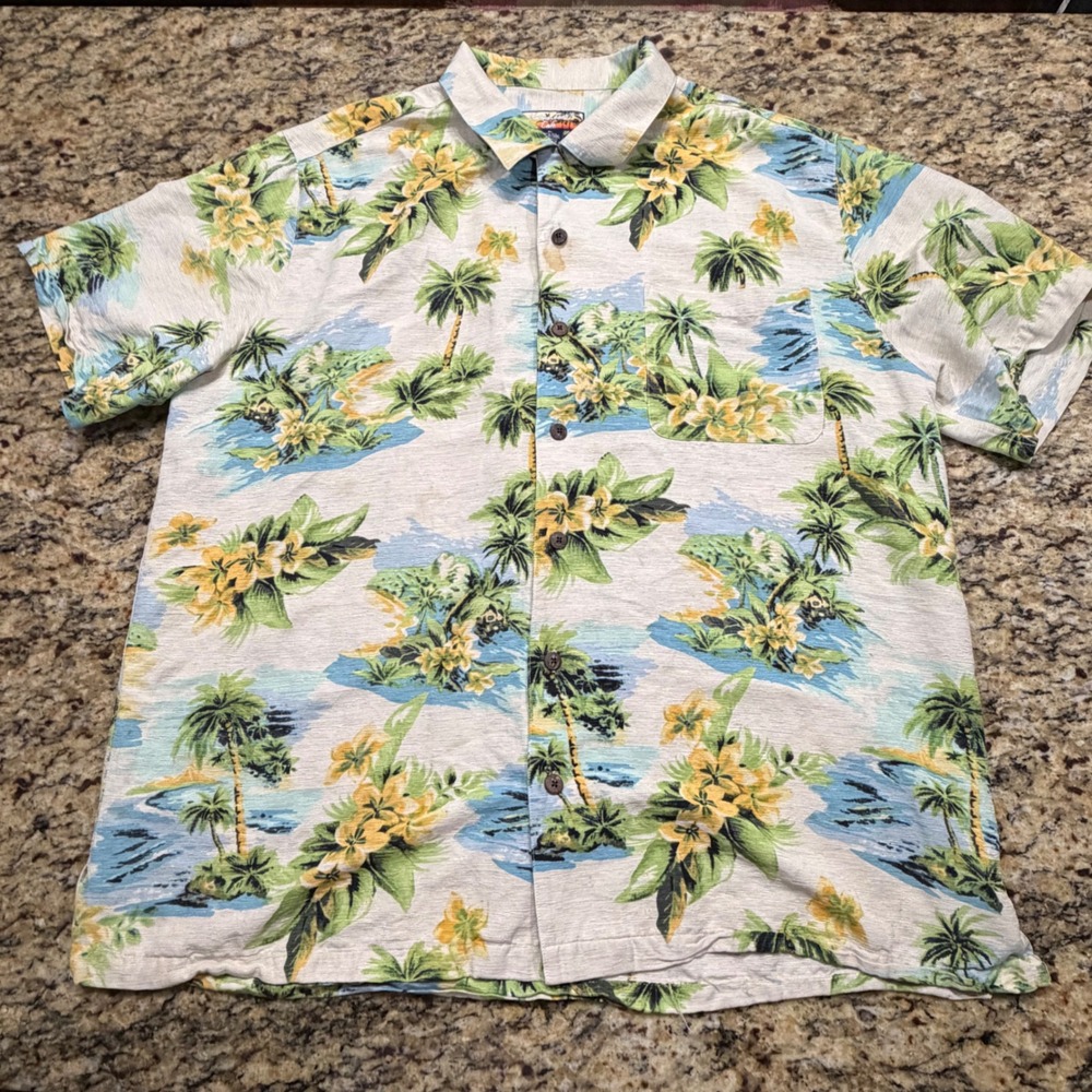 Havana Jacks Cafe Mens XL Silk Hawaiian Shirt Tropical Palm Floral Button Up